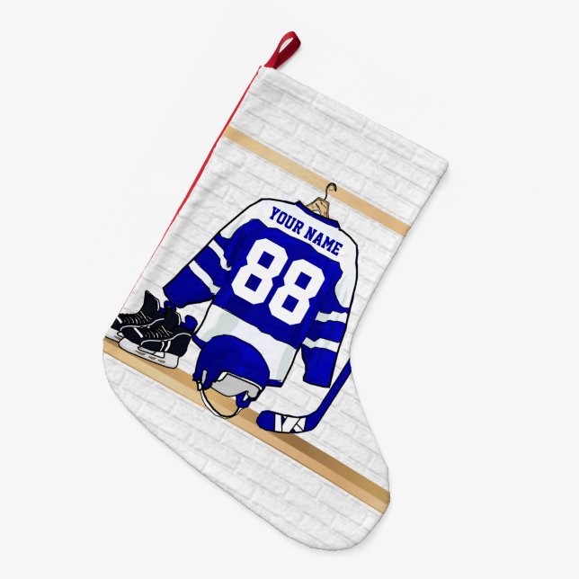 Personalised blue and White Ice Hockey Jersey Large Christmas Stocking (Front (Hanging))