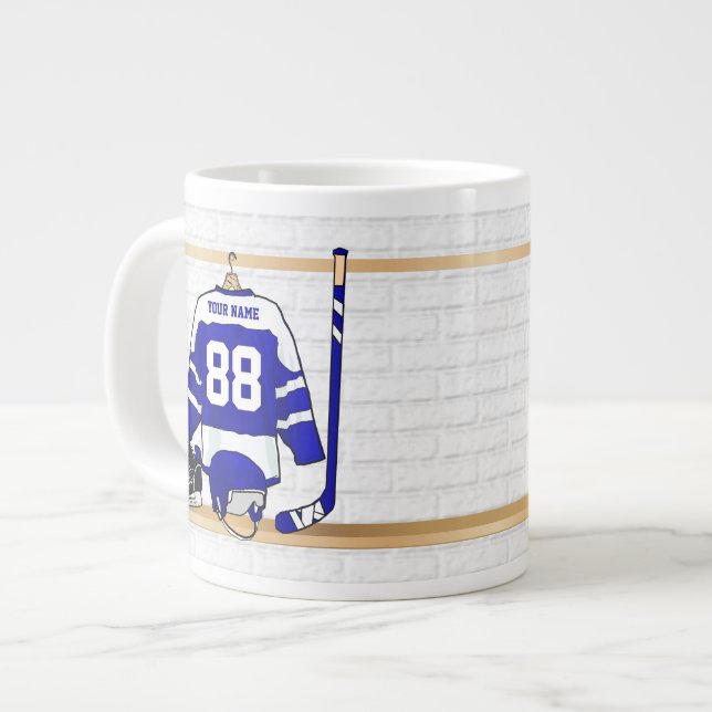 Personalised Blue and White Ice Hockey Jersey Large Coffee Mug (Front Left)
