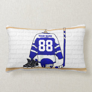 Personalised Blue and White Ice Hockey Jersey Lumbar Cushion