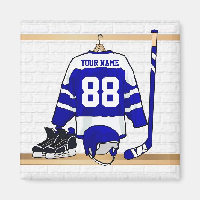 Personalised Blue and White Ice Hockey Jersey Magnet (Front)