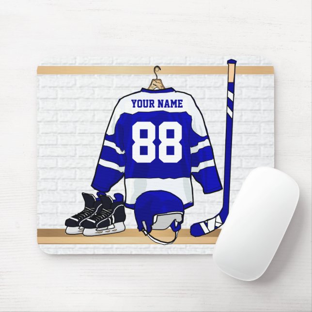 Personalised Blue and White Ice Hockey Jersey Mouse Mat (With Mouse)