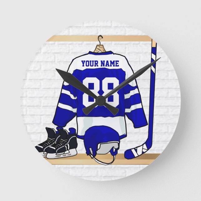 Personalised Blue and White Ice Hockey Jersey Round Clock (Front)