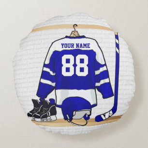 Personalised Blue and White Ice Hockey Jersey Round Cushion