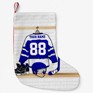 Personalised blue and White Ice Hockey Jersey Small Christmas Stocking