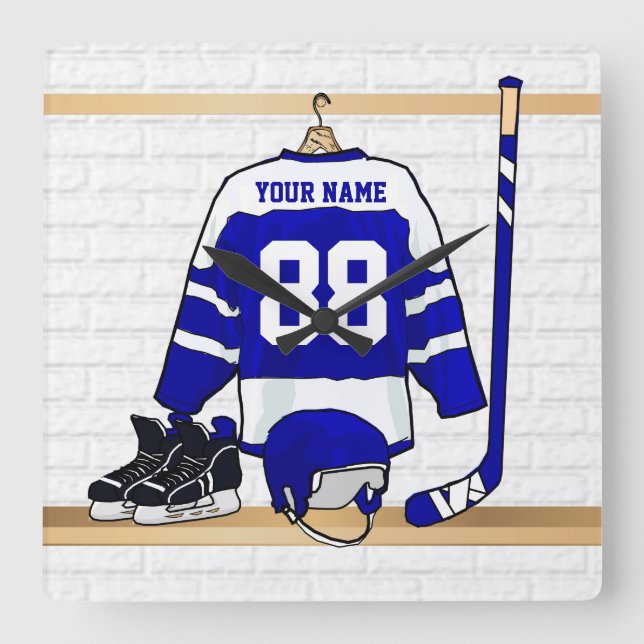 Personalised Blue and White Ice Hockey Jersey Square Wall Clock (Front)