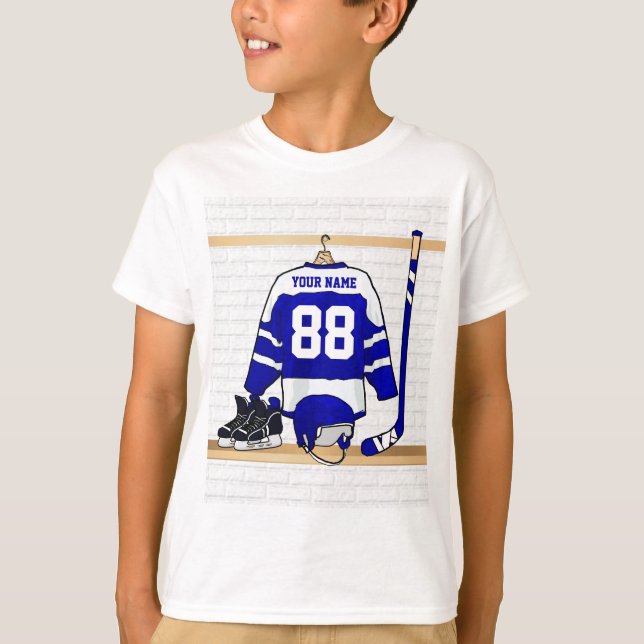 Personalised Blue and White Ice Hockey Jersey T-Shirt (Front)