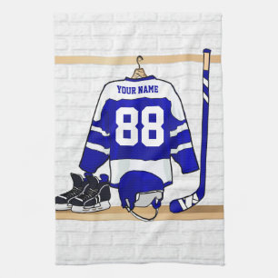 Personalised Blue and White Ice Hockey Jersey Tea Towel