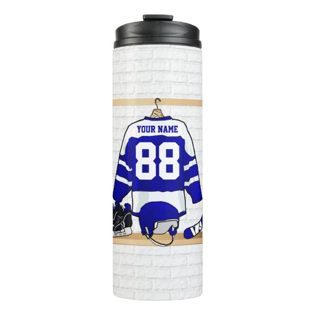 Personalised blue and White Ice Hockey Jersey Thermal Tumbler (Front)