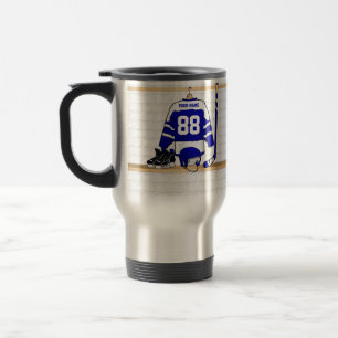 Personalised Blue and White Ice Hockey Jersey Travel Mug