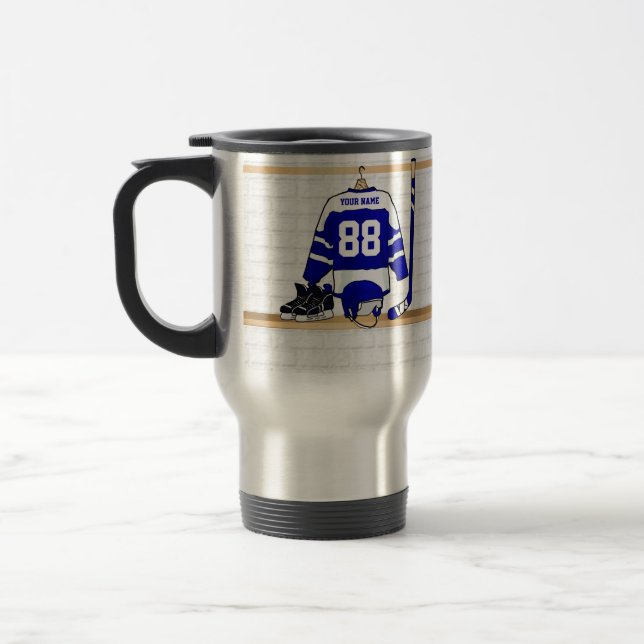 Personalised Blue and White Ice Hockey Jersey Travel Mug (Left)
