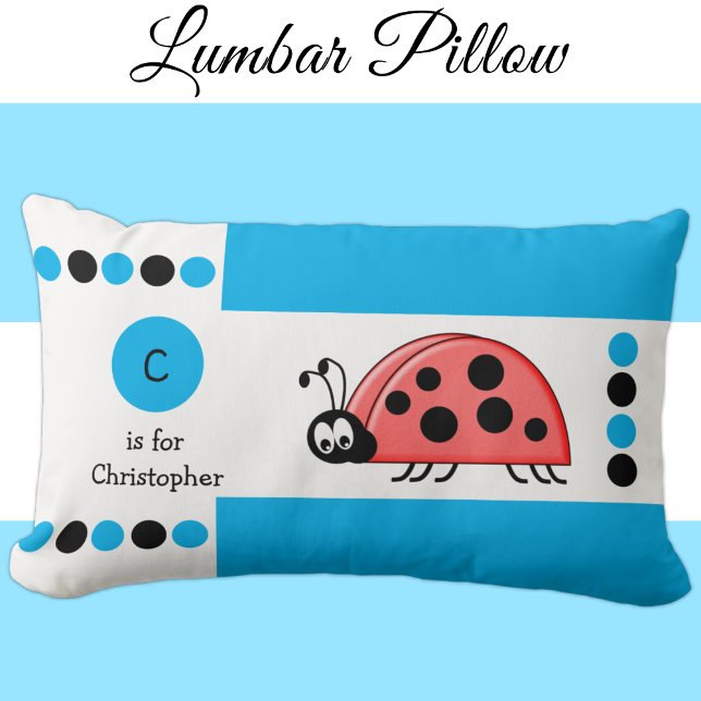 Personalised blue and white ladybird kids monogram lumbar cushion (Creator Uploaded)