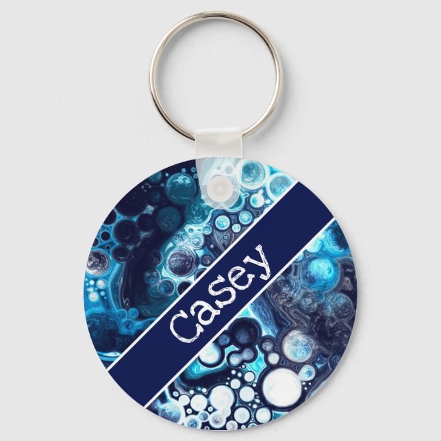 Personalised Blue and White Marble Fluid Art    Key Ring (Front)
