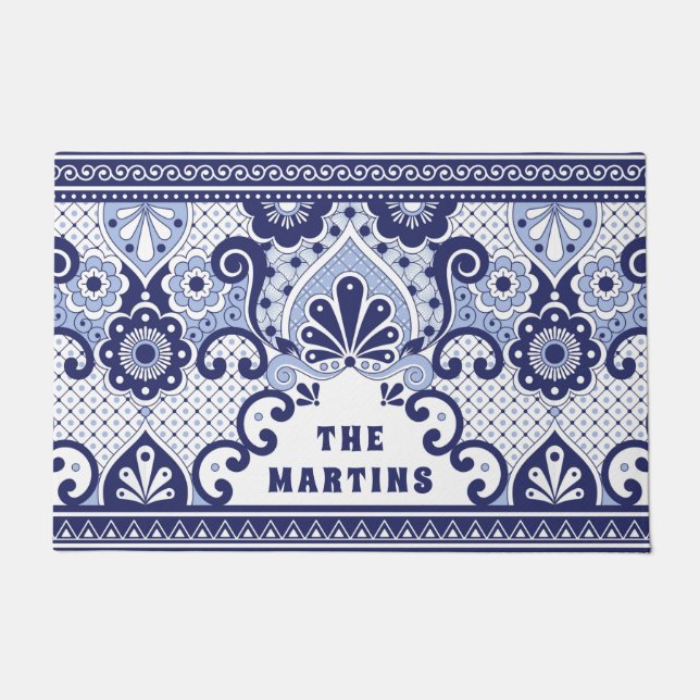 Personalised Blue and White Mexican Talavera Tile Doormat (Front)