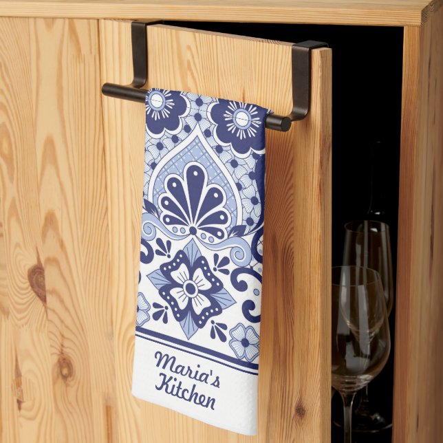 Personalised Blue and White Mexican Talavera Tile Tea Towel (Thirds Fold)