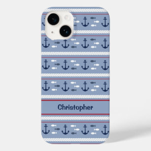 Personalised Blue and White Nautical Anchors Case-Mate iPhone 14 Case