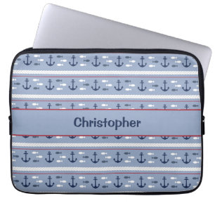 Personalised Blue and White Nautical Anchors  Laptop Sleeve