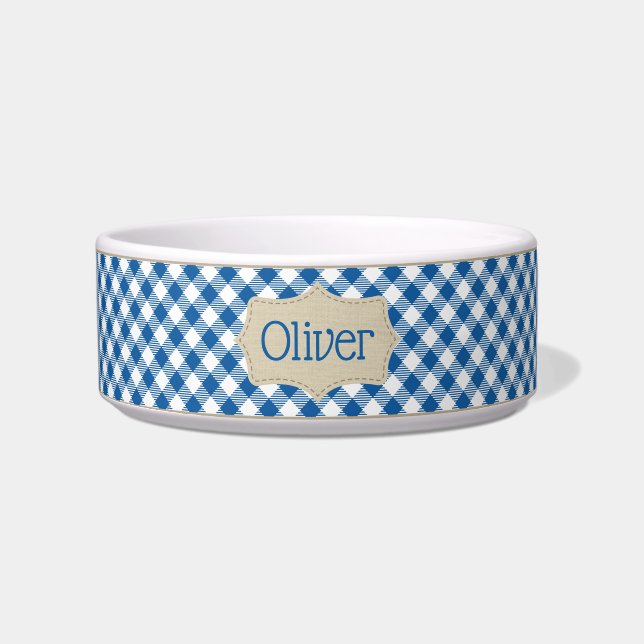 Personalised Blue and White Plaid Pet Bowl (Front)