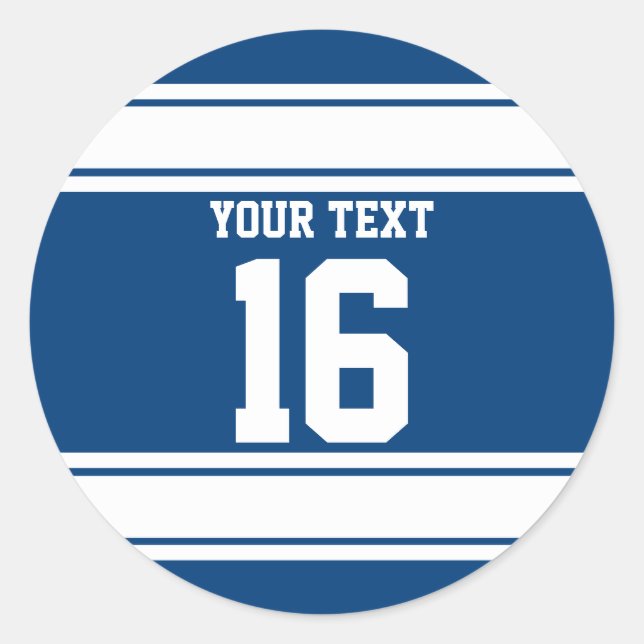 Personalised Blue and White Sports Stripes Classic Round Sticker (Front)