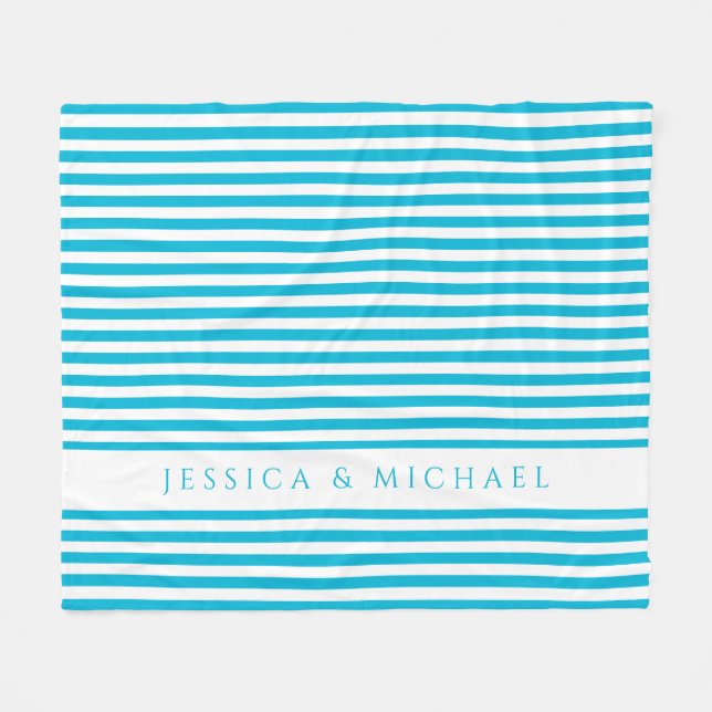 Personalised Blue And White Striped  Fleece Blanket (Front (Horizontal))
