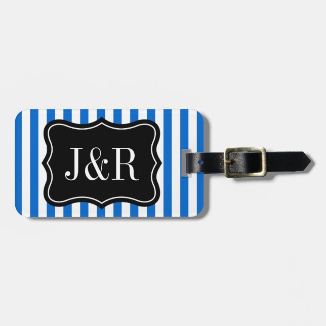 Personalised blue and white striped luggage tag (Front Horizontal)
