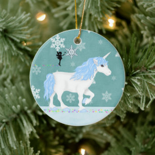 Personalised Blue and White Unicorn and Fairy Ceramic Tree Decoration