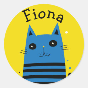 Personalised Blue and Yellow Modern Cartoon Cat Classic Round Sticker