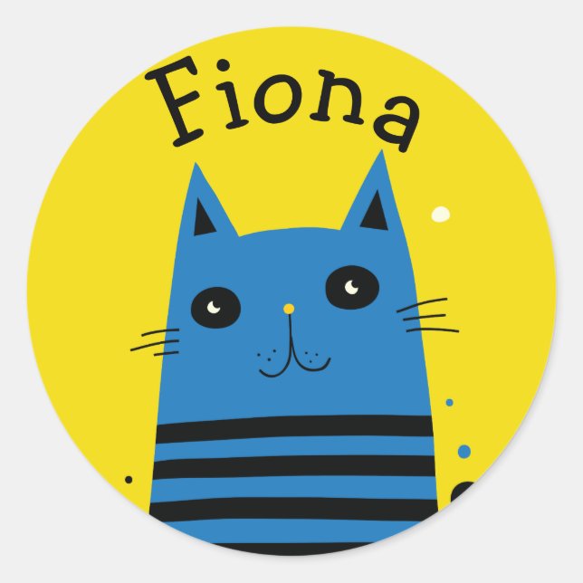 Personalised Blue and Yellow Modern Cartoon Cat Classic Round Sticker (Front)