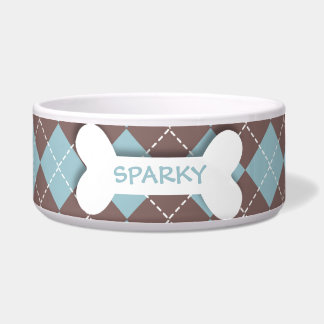 Personalised blue argyle dog bone pet food bowl