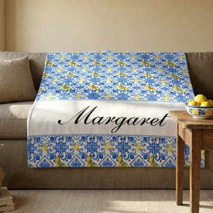 Personalised Blue Azulejo Watercolor Monogram Name Fleece Blanket