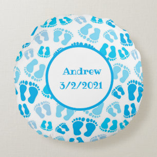 Personalised Blue Baby Boy Baby Feet Round Cushion