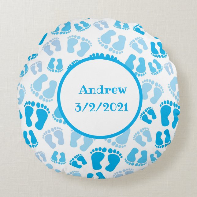 Personalised Blue Baby Boy Baby Feet Round Cushion (Front)