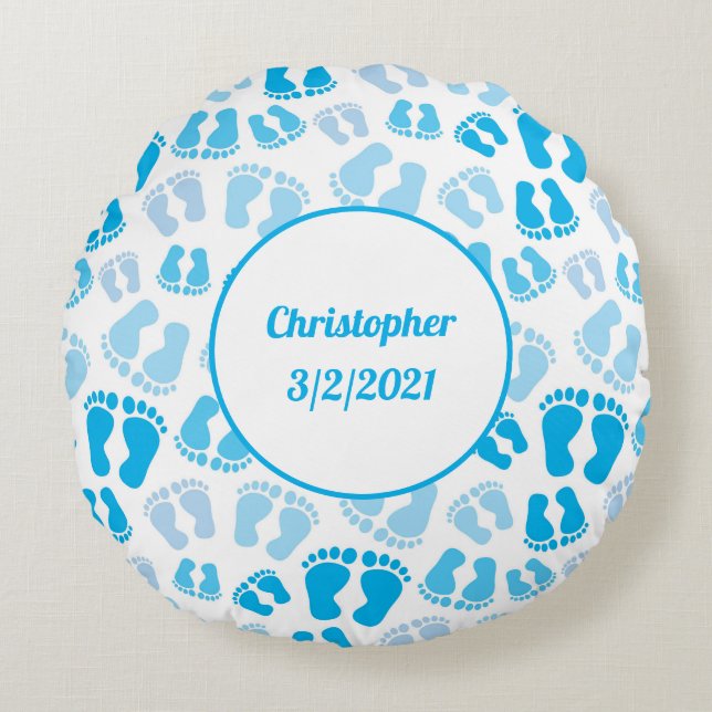 Personalised Blue Baby Boy Baby Feet Round Pillow (Front)