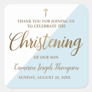 Personalised blue Baby boy Christening thank you Square Sticker