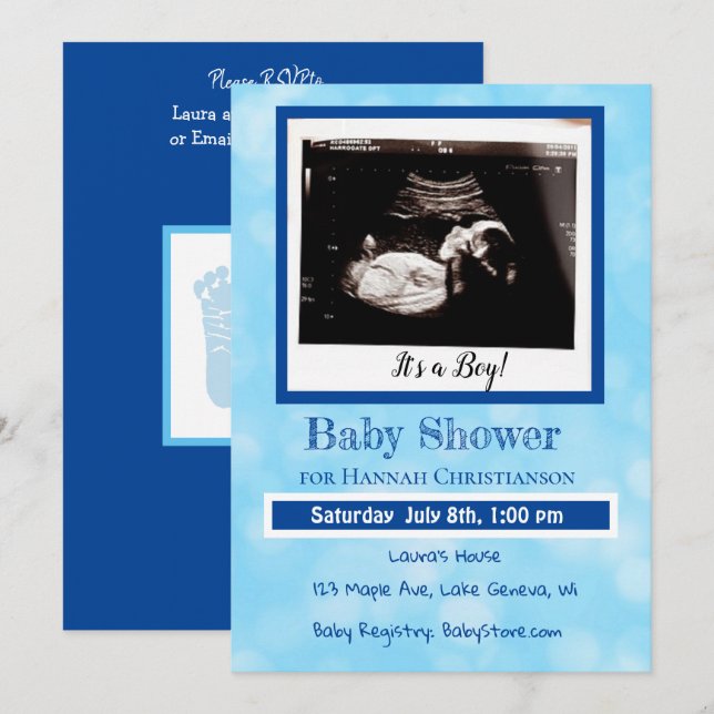 Personalised Blue Baby Boy Ultrasound Baby Shower Invitation (Front/Back)