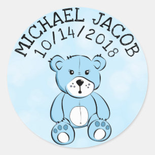 Personalised Blue Baby Teddy Bear Announcement Classic Round Sticker