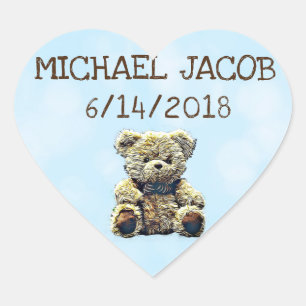 Personalised Blue Baby Teddy Bear Announcement Heart Sticker