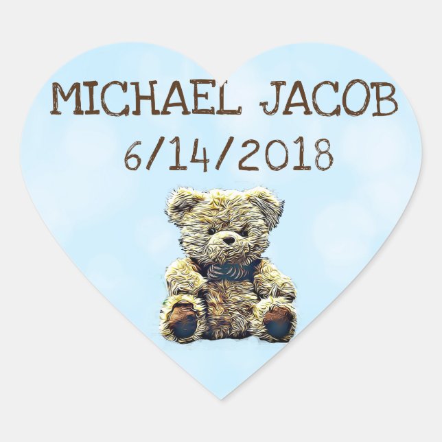 Personalised Blue Baby Teddy Bear Announcement Heart Sticker (Front)