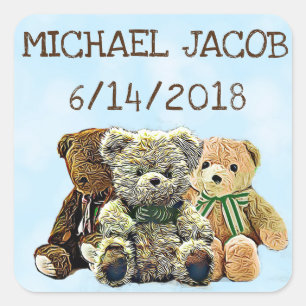 Personalised Blue Baby Teddy Bear Announcement Square Sticker