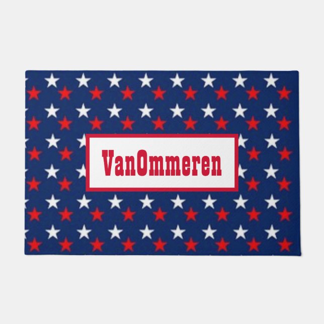 Personalised BLUE, Background, RED & WHITE Stars Doormat (Front)