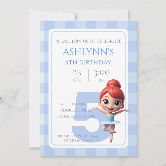 Personalised Blue Ballerina Dance Party Birthday Invitation (Front)