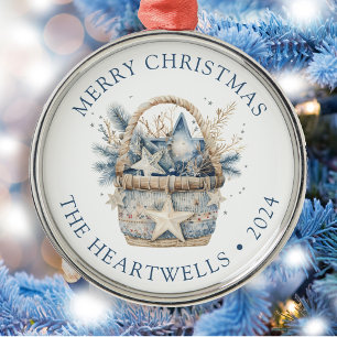 Personalised Blue Basket Merry Christmas Metal Tree Decoration