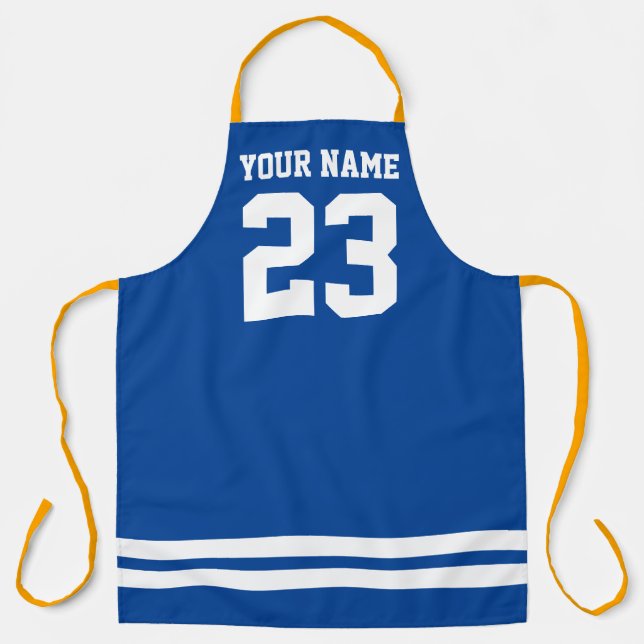 Personalised blue BBQ apron with jersey number (Front)