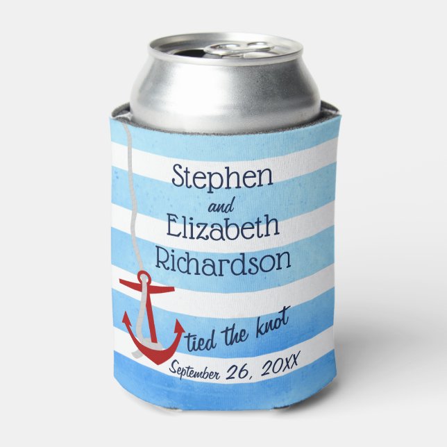 Personalised Blue Beachy Red Anchor Can Cooler (Can Front)
