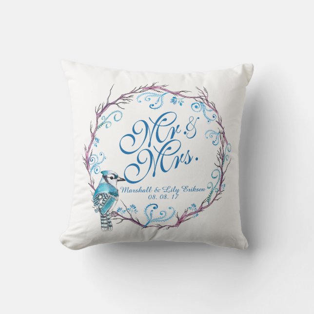 Personalised Blue Bird and Floral Wedding Pillow (Front)