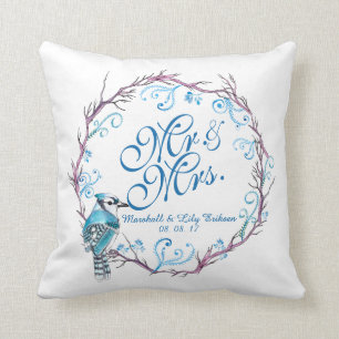 Personalised Blue Bird and Floral Wedding Pillow