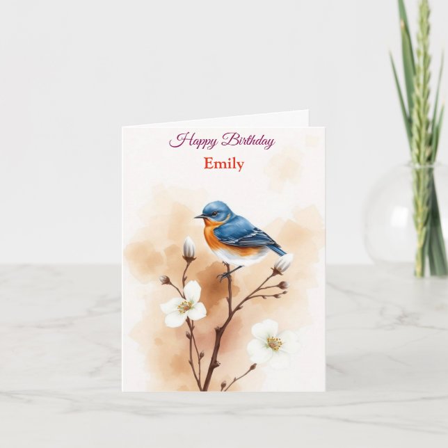 Personalised Blue Bird Flowers Watercolor birthday Card (Front)