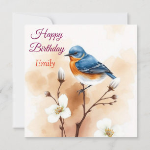 Personalised Blue Bird Flowers Watercolor birthday Card