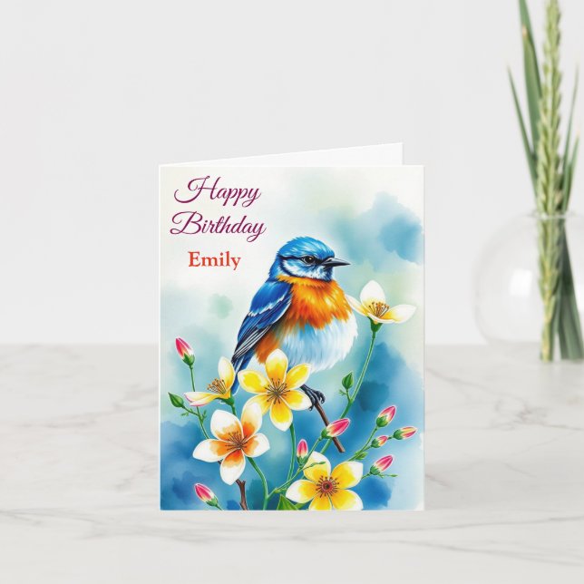 Personalised Blue Bird Flowers Watercolor birthday Card (Front)
