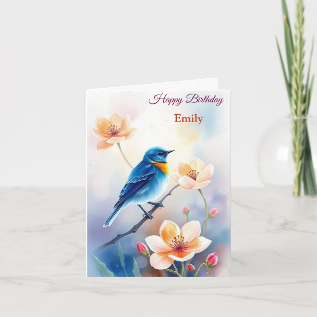 Personalised Blue Bird Flowers Watercolor birthday Card (Front)