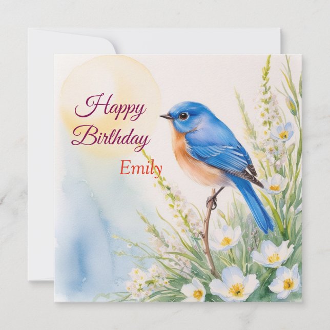 Personalised Blue Bird Flowers Watercolor birthday Card (Front)